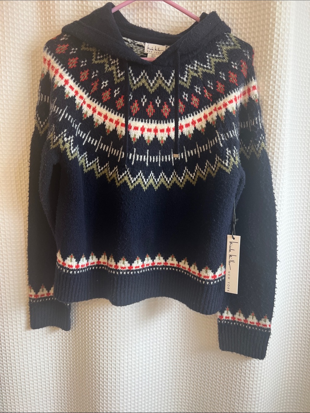 Nicole Miller Navy Hooded Fair Isle Knit Sweater with Red and Olive Accents